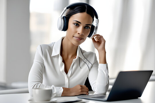 Picture a white-collar woman wearing headphones in front of her laptop. Generative AI
