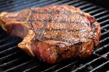 an up-close view of seared grill marks on t-bone steak