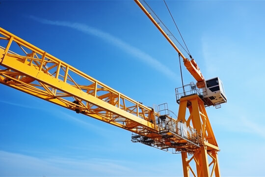 Construction cranes empty boom lift against blue sky work platform