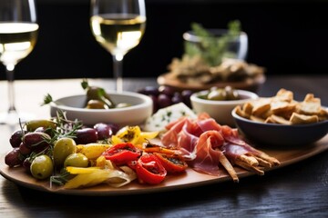 antipasti tapas served with a glass of chilled white wine