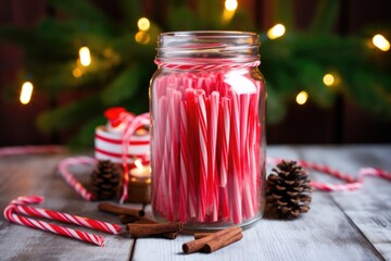 homemade candy canes arranged in a mason jar for christmas - Powered by Adobe