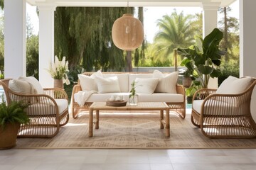 chic patio setup with woven rattan furniture
