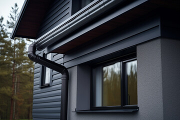 Corner of the house with flat roof with modern gutter pipe