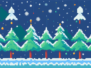Christmas 8Bit pixel art, Winter landscape with snow and trees, winter landscape vector illustration