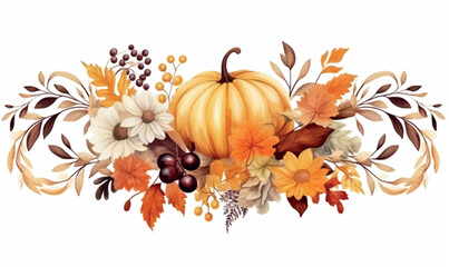 Watercolor composition for design, clip art, pumpkins, thanksgiving, autumn