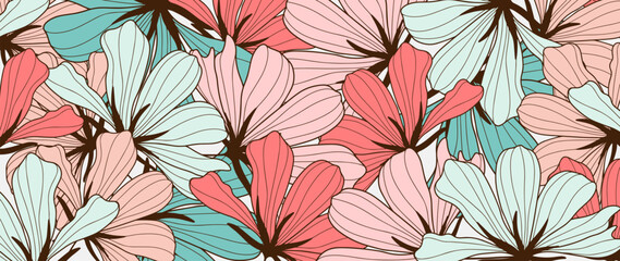 Multicolored floral background with pink and blue flowers. Vector background for decor, wallpaper, covers, cards and presentations.