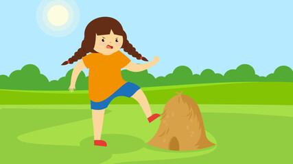 Girl playing with hay in the meadow. Vector illustration in flat style