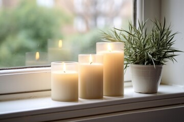 Fototapeta na wymiar arrangement of three matching white candles on a windowsill