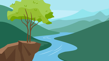 Landscape with a river and a tree. Vector illustration in flat style - obrazy, fototapety, plakaty