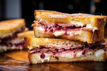 a close view of a cut toasted sandwich showing detailed layers