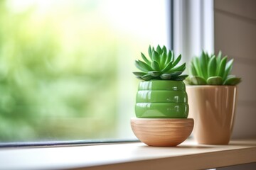 green succulent on wooden shelf near window