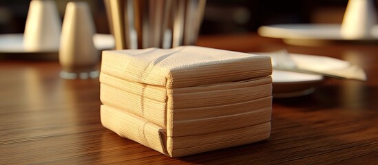 paper napkins in bamboo wood box on dining table - obrazy, fototapety, plakaty