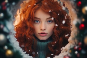 Amidst the winter wonderland, a stunning redhead gazes through a snow-covered hole, surrounded by festive wreaths and a christmas doll, her portrait exuding beauty and nostalgia in this scene