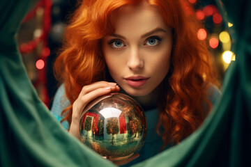 A stunning redhead adorned with a christmas wreath gazes intensely at a shiny ball, exuding both beauty and mystery in this captivating indoor portrait