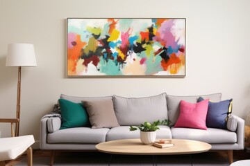 a colorful abstract painting hung on a neutral wall