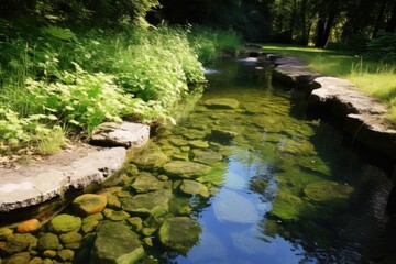 a small pond with clear water, devoid of algae or pests