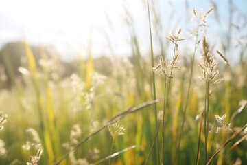 macro view of grasses releasing pollen in field