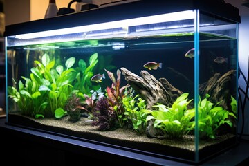 fish tank filter installed in an aquarium - obrazy, fototapety, plakaty