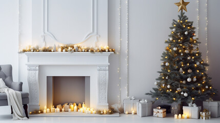 Christmas composition on the white chimney at the living room interior with beautiful decoration. ai