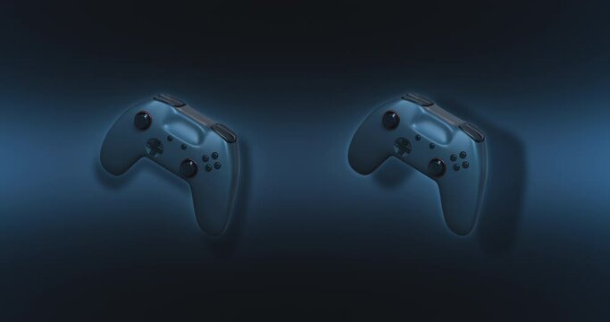 Dark blue background with rotated game consoles.