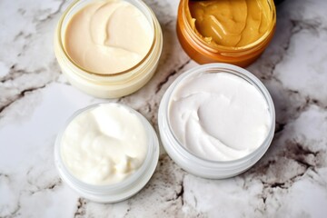 close-up of cleanser creams on a marble surface
