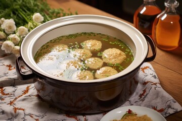 matzo ball soup in a ceramic bowl