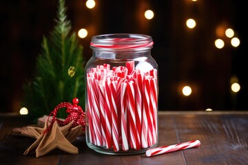 red and white striped candy canes in jar
