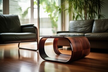 vacant easy chair behind a polished coffee table