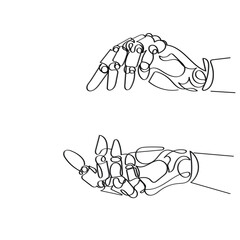 line art of human hand and robotic hand. Interaction of artificial intelligence and force of nature concept.