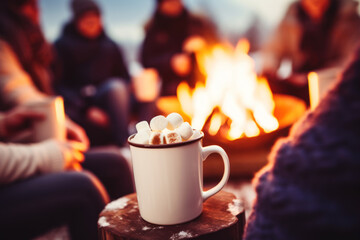 Cozy mug with marshmallows by a campfire with friends. - obrazy, fototapety, plakaty