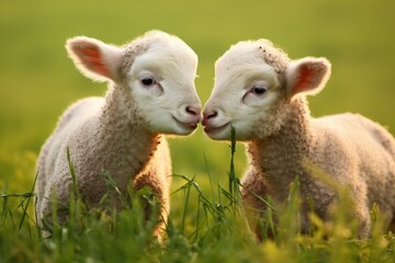 Naklejka na ściany i meble twin lambs butting heads in a green field