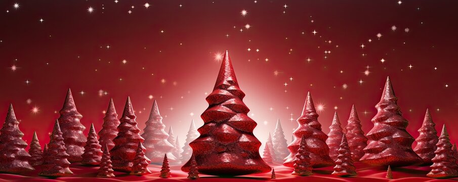 Many natural Christmas trees with red lighting and small stars covering the sky. Generative AI