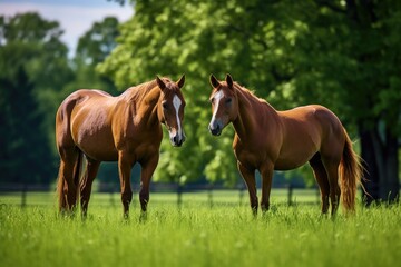 pair of horses grazing side by side