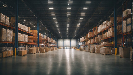 Warehouse interior with rows of shelves and pallets. Industrial background - obrazy, fototapety, plakaty