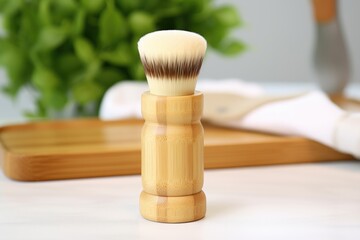 a bamboo face brush layed on a white table