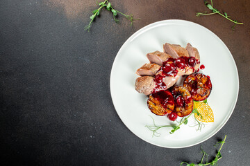 Baked duck fillet in plum sauce, Restaurant menu, dieting, cookbook recipe top view