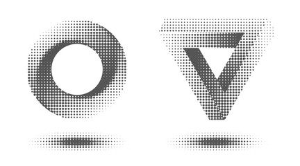 Impossible objects. Penrose triangle and circle. Optical Illusion. Retro 3D black and white halftone logo. Abstract geometric elements. Infinity paradox shapes with halftone dots effect.