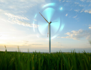 Digital graphic work on green energy power Production. Windmill and graphic diagram of air currents that produce green energy. Green energy power production it is future.Renewable energy design.