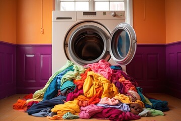 front-loading washer with colorful towels spewing out