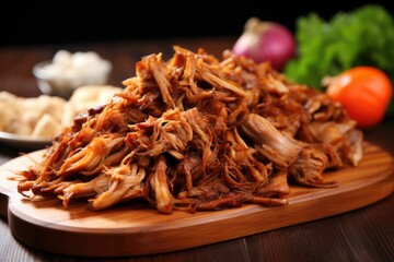 a pile of soft, flavorful, slow-cooked pulled pork on a bamboo board