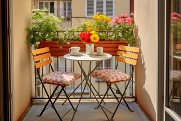 Fototapeta na wymiar small balcony with a folding table and two chairs