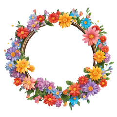 round frame with colorful flower arrangement, transparent background, generative ai
