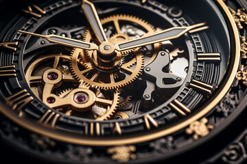 Fototapeta na wymiar Detail retro old concept clock parts of vintage black big watch