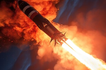 rocket lifting off from earth with fiery exhaust