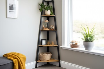 narrow shelf unit in a corner