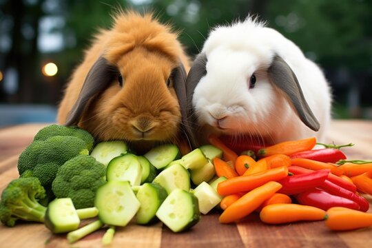 rabbits munching on vegetables together