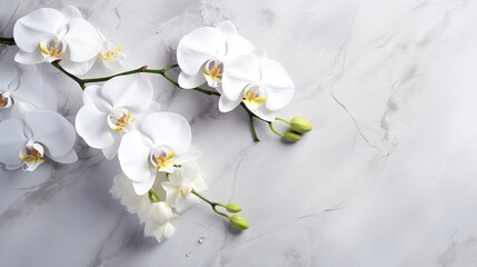 Photography of white orchids delicately placed on gray marble with natural veins running through, creating contrast. Top view, flat lay.