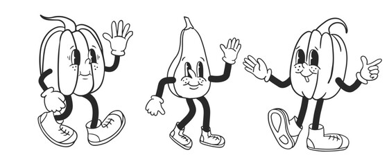 Sketch outline old retro cartoon pumpkins. Black hand drawn doodle vintage characters on white background. Autumn illustrations for printout, posters, shirt print