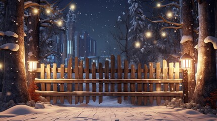 Snowy wooden fence with lights - obrazy, fototapety, plakaty
