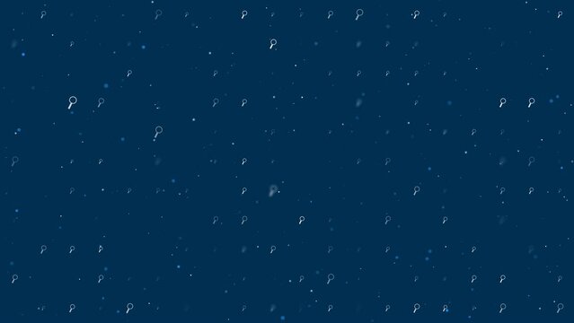 Template animation of evenly spaced magnifier symbols of different sizes and opacity. Animation of transparency and size. Seamless looped 4k animation on dark blue background with stars